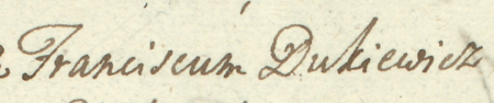 Z księgi radzieckiej Kazimierza obejmującej lata 1763–1766: wpis dokumentujący
wybór rady urzędującej na rok 1763, z Franciszkiem Dukiewiczem w składzie – zbliżenie zapisu imienia
(Archiwum Narodowe w Krakowie, sygn. K 51, s. 2)