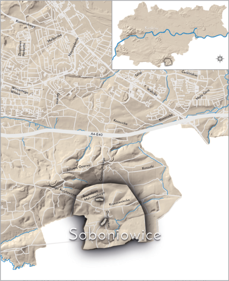 Orientacyjna lokalizacja dawnej wsi Soboniowice w obecnych granicach Krakowa – na planie miasta oznaczono jej położenie w kształcie
wyznaczonym granicami jednostki katastralnej, jaką stanowiła, ze wskazaniem najstarszych, historycznych dwóch centrów, jako że
do XVIII wieku istniały tu dwie wsie: Soboniowice w części południowej z ośrodkiem w rejonie dzisiejszej ulicy Drużbackiej oraz
Strzałkowice w części północnej z centrum w rejonie dzisiejszej ulicy Malinowskiego