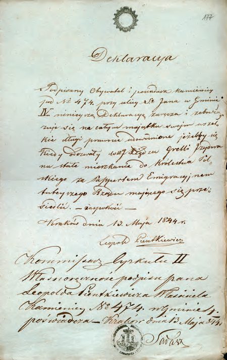 Z akt emigracyjnych Wydziału Spraw Wewnętrznych i Policji dokument z 1844 r. – deklaracja
z uwierzytelnionym przez komisarza Jana Sałasza podpisem składającego tę deklarację
(Archiwum Narodowe w Krakowie, sygn. WMK VI-63, s. 177)