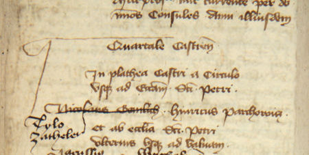 Z najstarszej księgi radzieckiej Krakowa z lat 1392–1411 wpis z 1396 r. dotyczący ustanowienia starszych dla Kwartału
Grodzkiego. Wpis ten zawiera dwa składy starszych: pierwotny z 1396 r. oraz późniejszy, uwidoczniony skreśleniami
i dopiskami uczynionymi w całym dokumencie dla wszystkich kwartałów jedną ręką, w jednym czasie, zatem
po zmianach personalnych, które musiały mieć miejsce po roku 1396 – stąd powyżej dwa składy.
Jednocześnie wpis ten jest fragmentem najstarszego zachowanego zapisu o istnieniu w Krakowie podziału miasta na kwartały
(Archiwum Narodowe w Krakowie, sygn. rkps 427, s. 68)