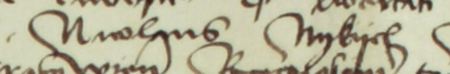 Fragment dokumentu wydanego w 1465 roku w Krakowie, w którym oficjał krakowski Stanisław ze Świeradzic
zatwierdza testament mieszczanina i rajcy kleparskiego Piotra Okszmara (nr 5), otwarty w obecności
rajców kleparskich, wśród nich Mikołaja Nykiela – zbliżenie zapisu imienia
(Archiwum Uniwersytetu Jagiellońskiego, sygn. dyp. perg. 172)