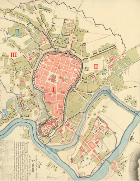 Podział miasta na 3 wydziały w roku 1794 oraz w latach 1794–1802 na Planie miasta Krakowa i zamku
krakowskiego oraz miasta Kazimierza z 1794 r. Podstawa rysunku granic wydziałów: vide s. 88
(Staatsbibliothek zu Berlin, Kartenabteilung, sygn. SBB III C, Kart X, 38027)