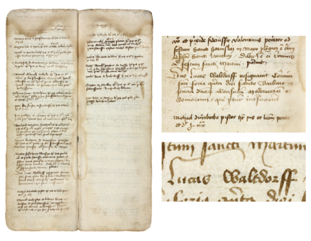 Z księgi przyjęć do prawa miejskiego w Krakowie obejmującej lata 1423–1493 strony 78–79 z wpisem z roku 1438,
dotyczącym rezygnacji przez Łukasza Waltdorfa z prawa obywatelstwa miasta Krakowa – oraz powiększenie zapisu imienia
(Archiwum Państwowe w Krakowie, sygn. rkps 1421, s. 78–79)