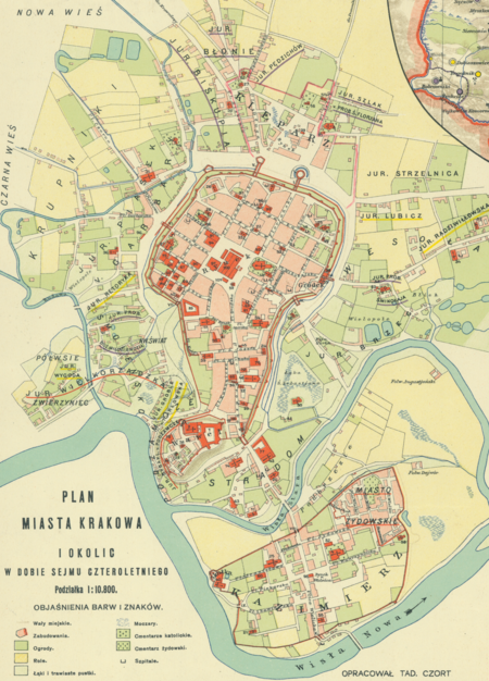 Plan miasta Krakowa i okolic w dobie Sejmu Czteroletniego z wyrysowanymi jurydykami
(Archiwum Narodowe w Krakowie, sygn. Zb. Kart. II-93)