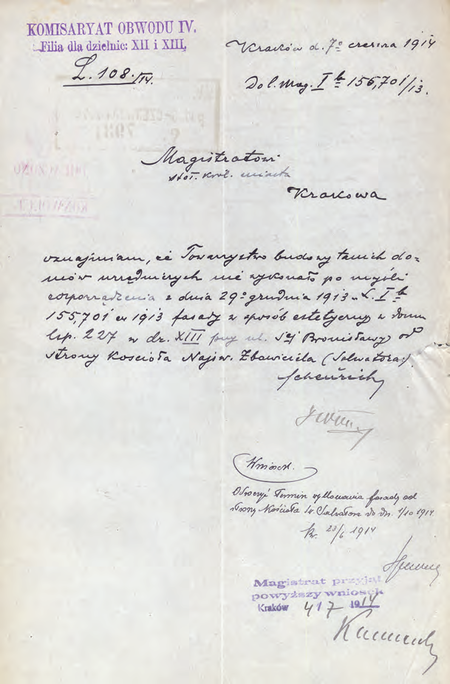 Z akt magistrackich Towarzystwo Urzędników – budowa willi przy kościele św. Salwatora
w Dzielnicy XIII 1911–1925 dokument pochodzący z roku 1914 – wystąpienie zastępcy
komisarza Leona Scheuricha w sprawie nieestetycznej fasady domu przy ul. św. Bronisławy,
postawionego przez jedno z towarzystw budowy tanich domów
(Archiwum Narodowe w Krakowie, sygn. Kr 7689, nlb)