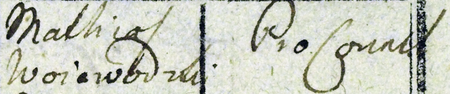 Z księgi ślubów Liber Copulatorum z lat 1800–1846 parafii św. Józefa w Podgórzu: wpis z września 1806 roku poświadczający
zawarcie związku małżeńskiego między Stanisławem Wątorskim a Anną Nalbrochą, czemu świadkował Maciej Wojewódzki,
tymczasowy burmistrz Podgórza, tu określony jako proconsul – oraz zbliżenie zapisu imienia i urzędu (Archiwum
parafii św. Józefa w Podgórzu, Liber Copulatorum, t. II, s. 21)