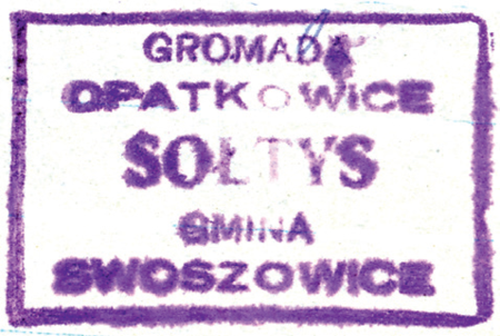 (1948)
Odciski pieczęci urzędowych Opatkowic
z lat 1820, 1855, 1927 i 1948
(CPAHU we Lwowie, sygn. fond 20, opis 1,
sprawa 266; Archiwum Narodowe
w Krakowie, sygn. KZCG 1871, s. 60;
sygn. PUZKr 54, nlb.; sygn. Gm. Sw. 18, nlb.)