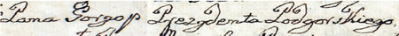 Z księgi przyjęć do prawa miejskiego Krakowa obejmującej lata 1755–1797: wpis z 1796 roku stwierdzający przyjęcie do
krakowskiego prawa miejskiego Ernesta Nawraty, mistrza cechu siodlarskiego, za rekomendacją udzieloną przez pełniącego
obowiązki burmistrza Podgórza Karola Goriuppa, nazwanego tu „prezydentem” – oraz zbliżenie zapisu imienia i urzędu
(Archiwum Narodowe w Krakowie, sygn. rkps 1430, s. 188)