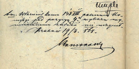 Z magistrackich protokołów rewizji domów notatka sporządzona w 1868 r. przez
komisarza Władysława Komorowskiego w sprawie niewykonania zaleceń pokontrolnych
przez jednego z właścicieli nieruchomości
(Archiwum Narodowe w Krakowie, sygn. Mag II 492, cz. I, nlb)