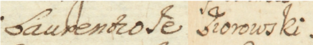 Z akt sądowych wielkorządcy krakowskiego obejmujących lata 1685–1696: fragment wpisu z 1689 roku dokumentującego
sprawę majątkową kupca krakowskiego Macieja Kotuleckiego i jego żony Agnieszki Dygaszowicowej z udziałem
(wśród szeregu innych rajców kazimierskich) Jakuba Stanisława Groszkiewicza (nr 325) i Wawrzyńca Jeziorowskiego –
zbliżenie zapisu imienia (Archiwum Narodowe w Krakowie, sygn. Teut. 75, s. 281)
