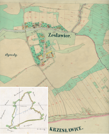 Centrum Zesławic na mapie katastralnej sporządzonej dla gminy katastralnej Zesławice w 1848 roku oraz pochodzący
z lat 1847–1848 plan sytuacyjny z wyrysowanymi granicami gminy Zesławice i lokalizacją gmin sąsiadujących
(Archiwum Narodowe w Krakowie, sygn. K. Krak. 753 IV; sygn. WM 563a, s. 24)