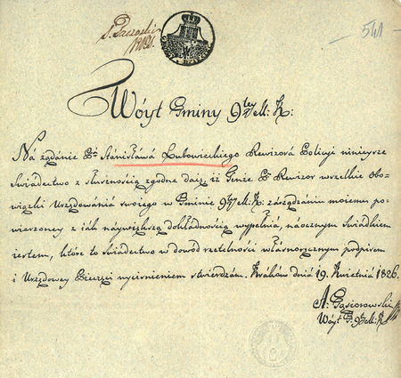Świadectwo wystawione w 1826 r. przez wójta Augustyna Gąsiorowskiego
(Archiwum Narodowe w Krakowie, sygn. III-18-1, s. 541)