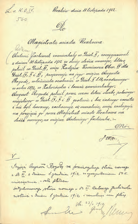Z akt magistrackich Stróże nocni w dzielnicach przyłączonych 1910–1921
dokument pochodzący z roku 1912 – wniosek o powołanie stróża nocnego w Filii
Komisariatu Obwodu IV przedstawiony przez komisarza Jana Chryzostoma Włocha
(Archiwum Narodowe w Krakowie, sygn. Kr 6800, nlb)