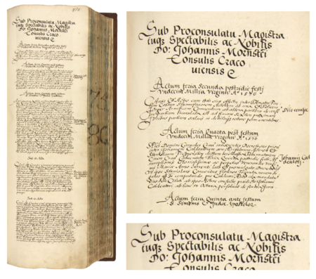 Z księgi radzieckiej obejmującej lata 1575–1580 strona 451 z nagłówkiem wpisów spraw prowadzonych
za kadencji burmistrzowskiej Jana Morsztyna w 1576 roku – oraz powiększenie zapisu imienia i funkcji burmistrza
(Archiwum Państwowe w Krakowie, sygn. rkps 447, s. 451)