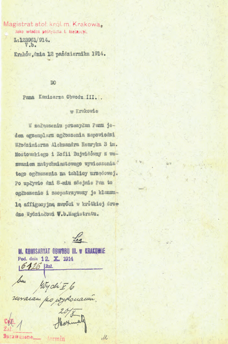 Z akt magistrackich Akta ślubów cywilnych 1911–1915 dokument pochodzący z roku 1914 – polecenie
wywieszenia na tablicy urzędowej ogłoszenia zapowiedzi ślubnej oraz potwierdzenie wykonania sygnowane
przez komisarza Stanisława Woźniaka
(Archiwum Narodowe w Krakowie, sygn. Kr 2459, s. 1955)