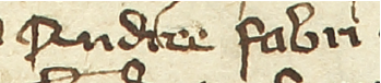 Z księgi radzieckiej Kazimierza obejmującej lata 1387–1390: fragment wpisu
dokumentującego wybór rajców na rok 1389, z Andrzejem kowalem w składzie – oraz zbliżenie zapisu imienia
(Archiwum Narodowe w Krakowie, sygn. K 3, s. 129)