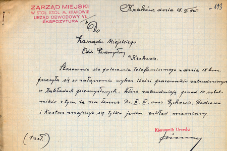 Z akt magistrackich Korespondencja ogólna dotycząca spraw administracyjno-przemysłowych wykazy
i kwestionariusze zakładów przemysłowych oraz zakładów przemysłu gospodniego (hoteli i pensjonatów)
1945–1946 notatka służbowa sporządzona w 1945 r. przez kierownika Józefa Bernego
(Archiwum Narodowe w Krakowie, sygn. 29-699-437, s. 17)