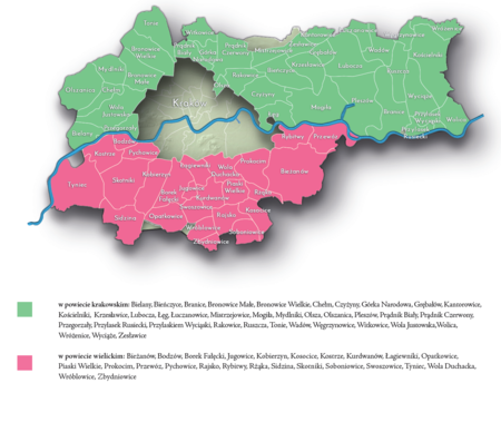 Na planie obrazującym dzisiejsze granice Krakowa miejscowości przyłączone do Krakowa po 1915 roku, oznaczone kolorami
określającymi ich przynależność do powiatów w pierwszych dekadach doby autonomii galicyjskiej, w latach 1867–1896