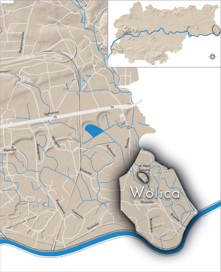 Orientacyjna lokalizacja dawnej wsi Wolica w obecnych granicach Krakowa – na planie miasta oznaczono
jej położenie w kształcie wyznaczonym granicami jednostki katastralnej, jaką stanowiła, ze wskazaniem
najstarszego, historycznego centrum Wolicy w rejonie dzisiejszego placu Turzymy
