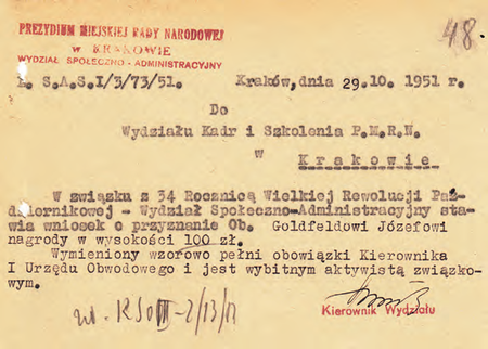 Z akt prezydialnych dokument z roku 1951 – wniosek o okolicznościową
nagrodę pieniężną dla p.o. kierownika Józefa Goldfelda
(Archiwum Zakładowe Urzędu Miasta Krakowa)
