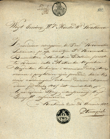 Ze zbioru zaświadczeń szkolnych i metryk uczniów dokument wystawiony w 1832 r.
przez wójta Jana Płonczyńskiego
(Archiwum Narodowe w Krakowie, sygn. 29-482-206, s. 1039)