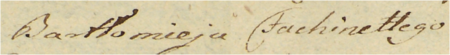 Z akt kleparskiego sądu miejskiego miejscowego z lat 1792–1794: fragment protokołu
elekcji rady urzędującej na 1793 rok, w którym mowa jest o nieobsadzonym miejscu w radzie
po ustąpieniu z urzędu w 1788 roku Bartłomieja Fachinetty’ego – zbliżenie zapisu imienia
(Archiwum Narodowe w Krakowie, sygn. KL 103, s. 35)