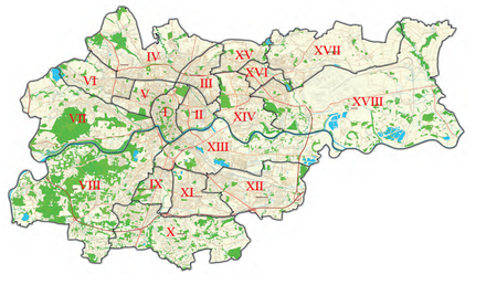 Podział Krakowa na 18 dzielnic miejskich według stanu aktualnego w 2017 r. –
na planie Krakowa wykonanym na podstawie danych krakowskiego Miejskiego Systemu Informacji Przestrzennej
przez Wydział Geodezji Urzędu Miasta Krakowa w 2017 r.