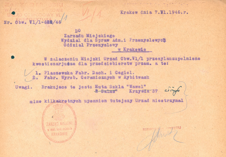 Z magistrackich akt Korespondencja ogólna dotycząca spraw administracyjno-przemysłowych
wykazy i kwestionariusze zakładów przemysłowych, magazynów i chłodni 1946 rok
uzupełnienie zestawienia przedsiębiorstw działających na terenie Obwodu IV sporządzone w tymże
roku przez kierownika Kazimierza Jankowskiego
(Archiwum Narodowe w Krakowie, sygn. 29-699-439, nlb)