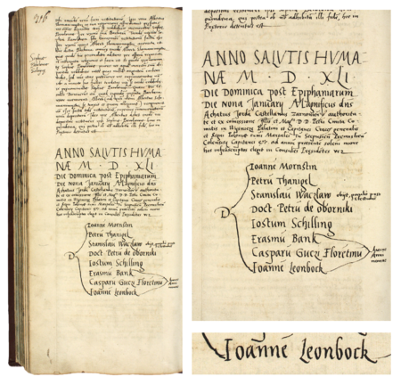Z księgi radzieckiej obejmującej lata 1512–1549 strona 316 z wykazem rajców urzędujących nominowanych
na rok 1541, wśród których znajduje się Jan Spigler zwany Lamboch – oraz powiększenie zapisu imienia
(Archiwum Państwowe w Krakowie, sygn. rkps 438, s. 316)
