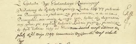 Z dokumentu Księga raportów tygodniowych składanych magistratowi m. Krakowa
przez dozorców cyrkułów krak. w sprawach policyjnych i ze stanu kasy fragment z raportem
złożonym bezpośrednio przez wójta cyrkułowego Wawrzyńca Meciszewskiego w 1794 r.
(Archiwum Narodowe w Krakowie, sygn. rkps 1301, s. 233)
