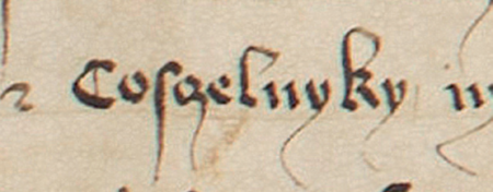 Dokument wydany w 1369 roku w Krakowie, w którym król Kazimierz [Wielki] poświadczył, że szlachetny Goworek, dziedzic
Kościelnik, z synem swoim Janem zabezpieczył urodzonej Elżbiecie, żonie tegoż Jana, 600 grzywien wiana na dobrach swoich
Rzędowice i Kościelniki – oraz powiększenie zapisu nazwy wsi „Kościelniki”; przy dokumencie pieczęć majestatyczna króla
(Biblioteka Książąt Czartoryskich w Krakowie, sygn. perg. 161)