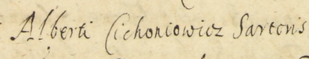Z akt inwentarzowych mieszczan kazimierskich obejmujących lata 1618–1647: początkowy fragment wpisanego
w 1637 roku inwentarza pośmiertnego zmarłej Reginy Szlachetczyny, sporządzanego z udziałem między innymi Wojciecha
Cichoniowica, krawca, występującego w roli opiekuna bliskich zmarłej – oraz zbliżenie zapisu imienia i profesji
(Archiwum Narodowe w Krakowie, sygn. K 448, s. 224)