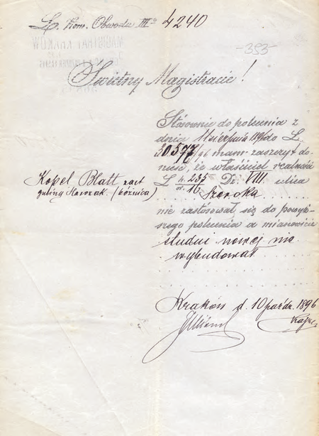 Z akt magistrackich Rewizje kościołów, bożnic, lokali publicznych pod względem bezpieczeństwa,
nadzór policyjno-budowlano-pożarowy doniesienie komisarza Józefa Wojciecha Wiśniowskiego z 1896 r.
w sprawie nadal niewybudowanej studni przy ul. Szerokiej przy domu modlitewnym
(Archiwum Narodowe w Krakowie, sygn. Kr 7944, s. 393)