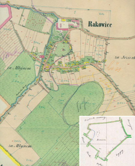 Centrum Rakowic na mapie katastralnej sporządzonej dla gminy katastralnej Rakowice w 1850 roku oraz
pochodzący z lat 1847–1848 plan sytuacyjny z wyrysowanymi granicami gminy Rakowice i lokalizacją gmin
sąsiadujących (Archiwum Narodowe w Krakowie, sygn. K. Krak. 519 I; sygn. WM 563a, nlb.)