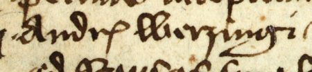 Z księgi radzieckiej obejmującej lata 1392–1411 strony 248–249 z początkową częścią obszernego opisu
„sprawy Andrzeja Wierzynka” z 1406 roku – oraz powiększenie zapisu imienia
(Archiwum Państwowe w Krakowie, sygn. rkps 427, s. 248–249)
