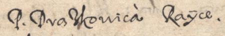 Z Regestru Generalnego Kamienic y Domów wszytkich w Mieście Króla IcMći Kazimierzu przy Krakowie, sporządzonego
w 1632 roku: fragment z uwidocznieniem kamienicy rajcy Adama Drążkowicza – zbliżenie zapisu imienia i urzędu
(Biblioteka Naukowa PAU/PAN, sygn. rkps 1057)