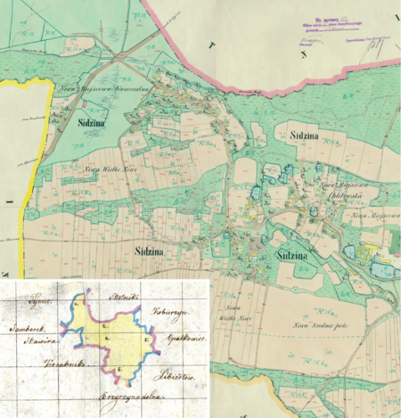 Centralny fragment Sidziny na mapie katastralnej sporządzonej dla gminy katastralnej Sidzina w 1850 roku oraz pochodzący
z 1845 roku plan sytuacyjny z wyrysowanymi granicami gminy Sidzina oraz lokalizacją gmin sąsiadujących
(Archiwum Narodowe w Krakowie, sygn. K. Krak. 565 I–IV; sygn. 29/280/1445, k. 1)