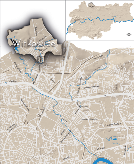 Orientacyjna lokalizacja dawnej wsi Witkowice w obecnych granicach Krakowa – na planie miasta oznaczono jej położenie
w kształcie wyznaczonym granicami jednostki katastralnej, jaką stanowiła, ze wskazaniem najstarszego,
historycznego centrum Witkowic w rejonie północnej części dzisiejszej ulicy Dożynkowej