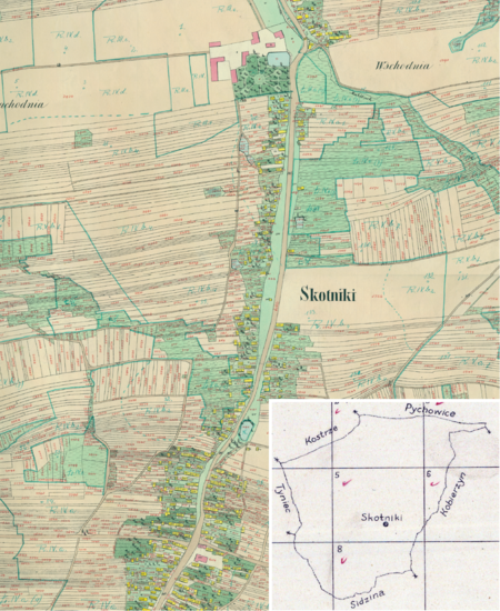 Centralny fragment Skotnik na mapie katastralnej sporządzonej dla gminy katastralnej Skotniki w 1848 roku oraz
pochodzący z 1845 roku plan sytuacyjny z wyrysowanymi granicami gminy Skotniki oraz lokalizacją gmin sąsiadujących
(Archiwum Narodowe w Krakowie, sygn. K. Krak. 577 V; sygn. 29/280/1464, k. 1)
