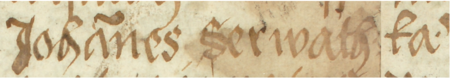 Z księgi miejskiej ławniczej Kleparza obejmującej lata 1499–1528: początkowy fragment wpisu z 1499 roku
dokumentującego wybór przez radę miejską Jana Serwatki na urząd wójta miasta Kleparza – oraz zbliżenie zapisu imienia
(Archiwum Narodowe w Krakowie, sygn. KL 1, s. 1)