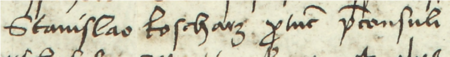Z księgi miejskiej ławniczej Kleparza obejmującej lata 1499–1528: fragment wpisu z 1503 roku dotyczącego sprawy
przed ławą z udziałem Stanisława Koscharza, wówczas burmistrza kleparskiego – zbliżenie zapisu imienia i funkcji
(Archiwum Narodowe w Krakowie, sygn. KL 1, s. 50)