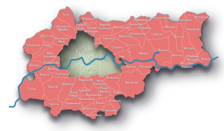 Na planie zakreślającym dzisiejsze granice Krakowa miejscowości przyłączone do Krakowa po 1915 roku, oznaczone kolorem czerwonym
określającym ich polską przynależność państwową w okresie do pierwszego rozbioru Polski (nie jest jasne, w jaki sposób i kiedy pierwotne
państwo Wiślan znalazło się w granicach Czech, prawdopodobnie zagarnięte zostało w 955 roku lub nieco wcześniej przez księcia
czeskiego Bolesława I Okrutnego – najdalej w 990 roku książę Mieszko I przyłączył Małopolskę do swego polskiego państwa w wyniku
wojny z księciem czeskim Bolesławem II Pobożnym – vide wcześniej prezentowane mapki Lelewela nr 1 i 2 oraz podpisy pod nimi)