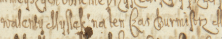 Z akt miasta żydowskiego: początkowy fragment kopii porozumienia wykonawczego z 1554 roku do układu między miastem
Kazimierzem a kazimierską gminą żydowską w sprawie poszerzenia granic miasta żydowskiego; na czele reprezentacji Kazimierza
zawierającej porozumienie stał burmistrz Walenty Mysłek (oryginał dokumentu przepadł) – oraz zbliżenie zapisu
imienia i funkcji (Archiwum Narodowe w Krakowie, sygn. Jud. Cas. 8. s. 27)