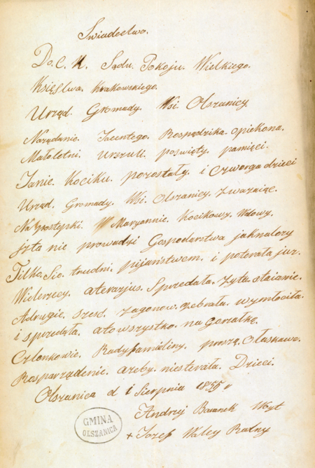 Pochodzący z 1855 roku dokument złożony przez wójta Olszanicy do akt Sądu Pokoju Okręgu III Mogiła
w interesie dzieci pozostających przy wdowie „trudniącej się pijaństwem”
(Archiwum Narodowe w Krakowie, sygn. 29/455/990, nlb.)