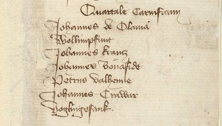 Z najstarszej księgi przyjęć do prawa miejskiego w Krakowie z lat 1392–1422 wpis z 1404 r.
z powołanymi na starszych Kwartału Rzeźniczego
(Archiwum Narodowe w Krakowie, sygn. rkps 1420, s. 43)