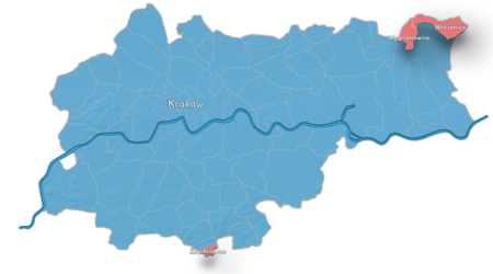 Etap IV:
korekta granic w 1986 roku
Na planie obrazującym dzisiejsze granice Krakowa powierzchnia miasta do 1986 roku (kolor niebieski) oraz tereny
przyłączone do miasta w 1986 roku (kolor czerwony). Przyłączone tereny to wsie lub ich części: Zbydniowice
(wcześniej, w 1973 roku, włączono do Krakowa jedynie ich północną część); Węgrzynowice; Wróżenice. Do Krakowa
włączono wówczas także małą część gminy Dziekanowice, która swoją odrębność zachowała do dziś.