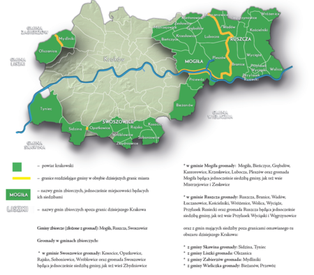 Na planie obrazującym dzisiejsze granice Krakowa miejscowości przyłączone do Krakowa po 1915 roku, oznaczone kolorem określającym
ich przynależność do powiatu krakowskiego wraz z wyodrębnieniem w gminy zbiorcze od reformy podziału terytorialnego z okresu okupacji
niemieckiej do początków Polskiej Rzeczypospolitej Ludowej – w latach 1941–1954