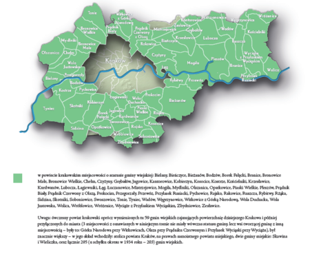 Na planie obrazującym dzisiejsze granice Krakowa miejscowości przyłączone do Krakowa po 1915 roku, oznaczone kolorem określającym ich
przynależność do powiatu krakowskiego wraz z określeniem ich statusu gminy wiejskiej – za czasów II Rzeczypospolitej, w latach 1923–1934