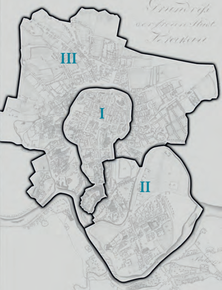 Plan konturowy podziału na gminy w latach 1815–1816 na podkładzie
planu miasta przedstawionego w pełnym kształcie na s. 332