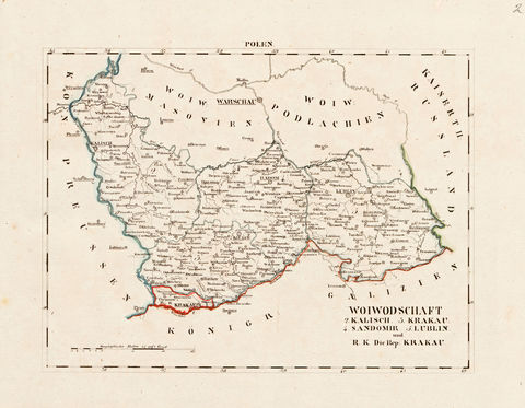 Aneks 2 mapa 1. Pochodząca z wydanego w 1825 roku w Lipsku dzieła Atlas von Europa… etc. Wilhelma Ernsta Augusta von Schliebena mapa województw kaliskiego, krakowskiego, sandomierskiego i lubelskiego wraz z Rzecząpospolitą Krakowską. Utworzone na kongresie wiedeńskim w 1815 roku państwo-miasto Wolne Miasto Kraków, zwane Rzecząpospolitą Krakowską, sąsiadowało od północy i zachodu z Królestwem Polskim, od południa, przez Wisłę, z krajem Cesarstwa Austrii – Królestwem Galicji i Lodomerii, od zachodu z Królestwem Prus. Miasteczka i wsie okołokrakowskie leżące po prawej stronie Wisły pozostawały zatem w granicach austriackiej Galicji. W 1846 roku Rzeczpospolita została zlikwidowana – jej teren został włączony do zaboru austriackiego, stając się Wielkim Księstwem Krakowskim w ramach Królestwa Galicji (Biblioteka Uniwersytetu Wileńskiego, zbiory Lelewela, sygn. M 1925, XIV-2)
